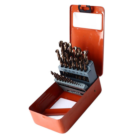 Built Tough As Nails Premium 25 Piece Cobalt HSS Drill Bit Kit in storage case with various bit sizes for metal and wood.
