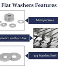 304 Stainless Steel Flat Washers Kit With 290 Pieces From M3 To M8 In A Heavy Duty Storage Box For Automotive And Home Repairs, Rust Resistant, Smooth Burr Free Surfaces, The Ultimate Do It Yourself Must Have For Quick Fixes. flat washers features, multiple sizes, smooth burr-free 304 stainless steel