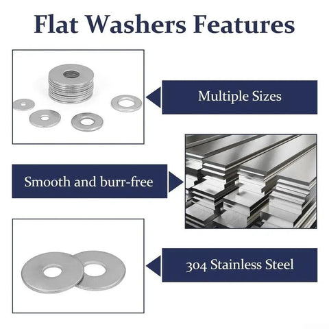 304 Stainless Steel Flat Washers Kit With 290 Pieces From M3 To M8 In A Heavy Duty Storage Box For Automotive And Home Repairs, Rust Resistant, Smooth Burr Free Surfaces, The Ultimate Do It Yourself Must Have For Quick Fixes. flat washers features, multiple sizes, smooth burr-free 304 stainless steel
