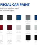 Color swatch chart showing various special car paint options including Flame Red, Baltic Gray, Hydro Blue, and more.
