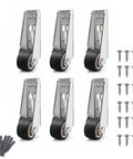 Premium Vertical Track Rollers Featuring Dead Silent Soft Rubber Casters For Zero Wobble Barn Doors Cabinets And Gates Heavy Duty Alloy Steel Hardware set of six with black rubber casters and screws.