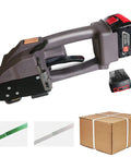 Heavy Duty Cordless Electric Strapping Machine With Dual 5000 Mah Batteries Automatic Handheld Banding Tool For Pet Pp Strap Packing Warehouse Operations. Close-up view.