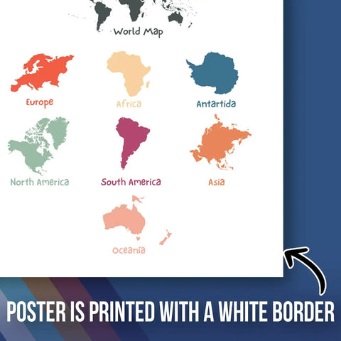 Totally Colorful World Map Poster For Kids Room And Classroom Wall Art showing continents with white border