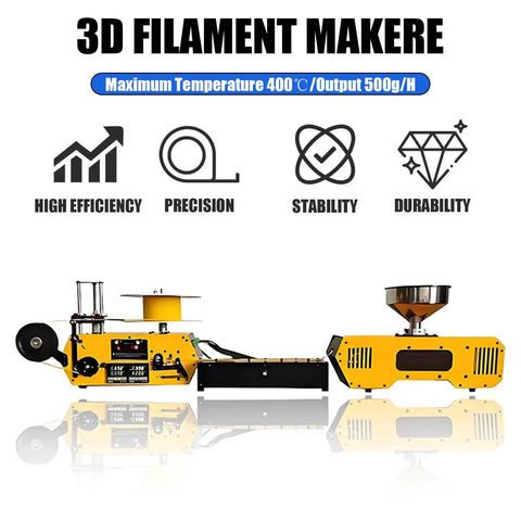 Compact Desktop Filament Extruder And Maker Machine For 3D Printers showing efficiency and adjustable temp up to 400C.