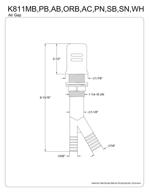Technical diagram of Trimscape Air Gap For Dishwasher In Brushed Brass Finish, easy install, polyethylene body, brass cap.