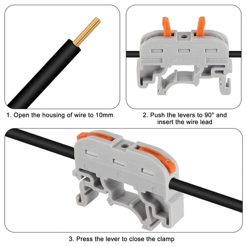 Steps using 20-Piece DIN Rail Terminal Blocks for Electrical Control Panels, Compact Grey Wire Connectors, flame retardant material.