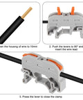 30Pcs DIN Rail Terminal Blocks For Electrical Control Panels Pro Grade Compact Design Supports Solid Stranded And Flexible Wires 0.2-4.0mm2 28-12 AWG With 4KV High Voltage Resistance Flame Retardant PC Material And Safe Independent Wire Connections Grey showing wire insertion and clamping mechanism close-up.