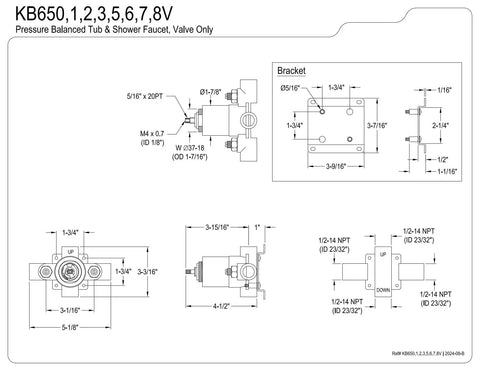 Technical drawing of Chatham Brushed Brass Tub And Shower Valve With Pressure Balanced Ceramic Cartridge, dimensions.