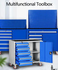 Garage Ready Steel Tool Cabinet With Smooth Roll Casters And Secure Latch System, blue multifunctional toolbox with drawers.