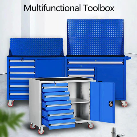 Garage Ready Steel Tool Cabinet With Smooth Roll Casters And Secure Latch System, blue multifunctional toolbox with drawers.