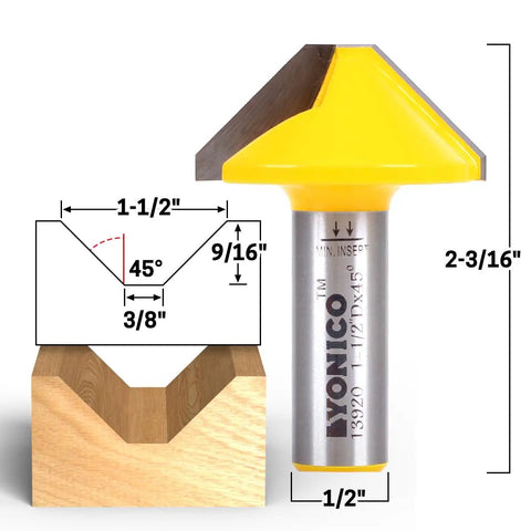 V Groove Flat Bottom Router Bit One And One Half Inch Diameter One Half Inch Shank Ninety Degree Cut Two Flute Carbide Cutter