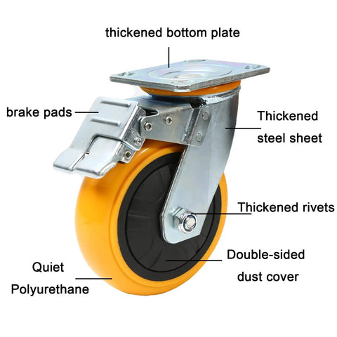 Heavy Duty Swivel Caster Wheels With Top Plate And Brake For Furniture, Quiet Polyurethane, Galvanized Bracket, Indoor Outdoor Use