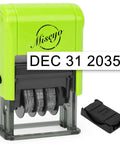 Reliable Self Inking Date Stamp With Rock Solid Green Body And Two Black Refill Pads For Hustling Offices And Home Desks quick drying ink visible.