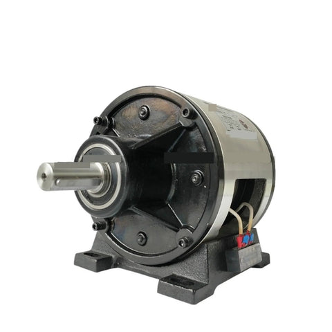 Side view of magnetic powder brake/clutch assembly FMP-050, double-shaft with black housing and silver shaft