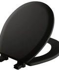 Heavy Duty Round Black Wood Toilet Seat With Quick Release Hinges and No Wobble Locks Secure Grip Base for a No Fuss Install.