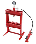 10 Ton Hydraulic Shop Press With Adjustable H Frame And Stamping Plates For Garage Workshop And Automotive Repair Flat Out Tough Hardened Steel Beast Mode Bench Top Workhorse red frame with pressure gauge and hydraulic cylinder