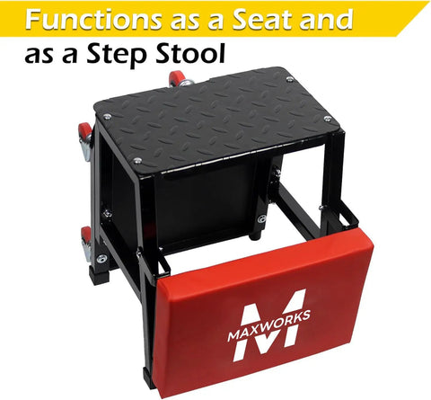 Mechanics Garage Creeper Seat And Stool Combo 300 LB Capacity, 5 Wheel Mobile Workshop Chair That Transforms From Creeper To Stool, black steel seat and stool with red pad