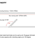 Diagram showing capacity of Box And Pan Style Metal Brake For 50 Inch Sheet Metal, 16 Gauge Capacity Up To 135 Degree Bends