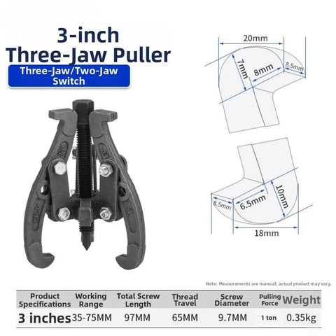 3-inch three-jaw puller with two-jaw switch, steel tool, 35-75mm range, 1 ton pulling force