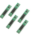 Solid 5 Pack 1S 3.7V 10A Lithium Ion BMS Protection Boards, compact green circuit boards with chips and MOS tubes.