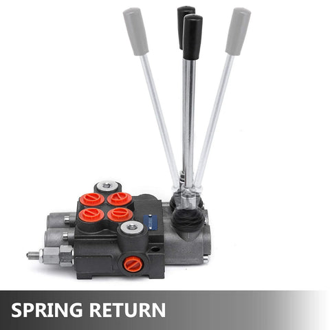 Two-spool hydraulic directional control valve with black body, three lever handles and red port plugs