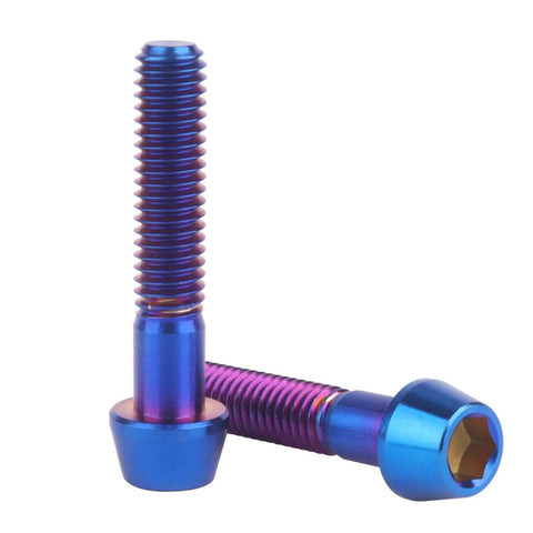 Beefed Up Titanium Bolt Set M6 Hex Allen Screws Burnt Blue Finish shown in a pair with tapered design and threaded shafts.