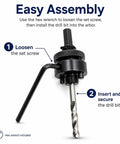 Heavy Duty Bimetal Hole Saw Arbor Mandrel With Rock Solid 3/8 Inch Hex Shank Adapter, showing easy assembly with hex wrench.