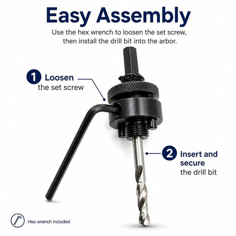 Heavy Duty Bimetal Hole Saw Arbor Mandrel With Rock Solid 3/8 Inch Hex Shank Adapter, showing easy assembly with hex wrench.