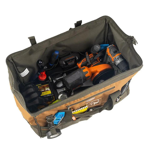 Gatemouth 20 Inch Tool Bag Brown With Wide Zip Opening And 36 Pockets Front Tech Pocket For Tablet Rugged Webbing Handles Built To Last