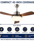 MADISH 42 Inch Ceiling Fan with Lights and Remote, close-up view of the modern 3 blade design and LED light.