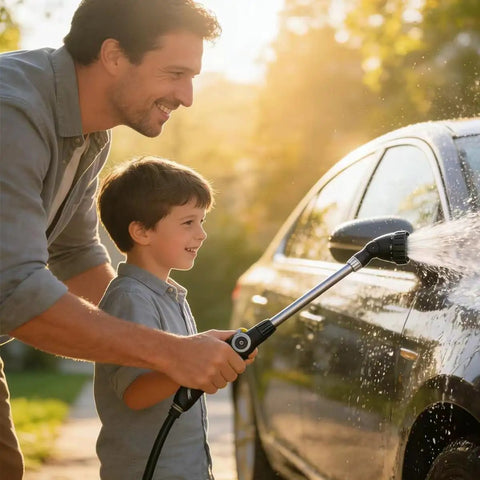 Father and son using Lightweight Watering Wand With 6 Spray Modes For Hanging Baskets And Windows, 22 Inch Reach on car