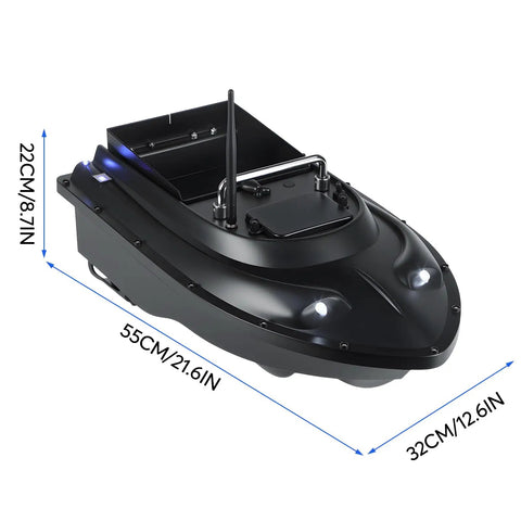 Remote Control Bait Boat For Anglers With Dual Motors And Long Range 546 Yards 12000mAh Battery, sleek design, LED lights visible.