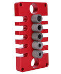 Punch Positioner Dowel Jig 3-In-1 Drill Guide Block for woodworking with red aluminum alloy, showing side view and hole locators