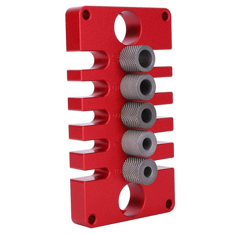 Punch Positioner Dowel Jig 3-In-1 Drill Guide Block for woodworking with red aluminum alloy, showing side view and hole locators