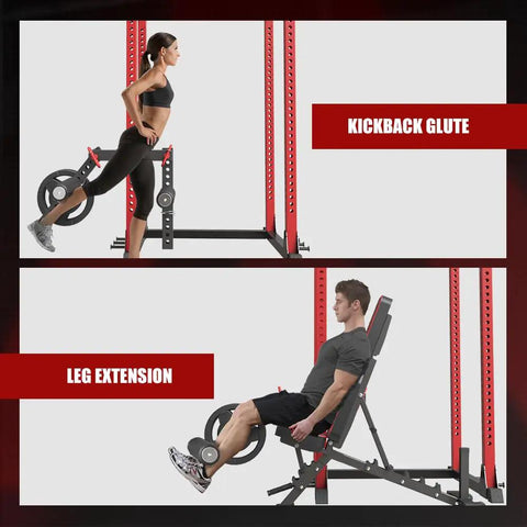 Versatile Lateral Raise Attachment for Plate Loaded Machines Kickback Glute and Leg Extension in use on 5 by 8 rack