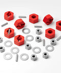 Red anodized aluminum 12mm hex wheel hubs with M4 flanged lock nuts and washers for Traxxas Slash 4x4 Stampede Rustler RC cars.