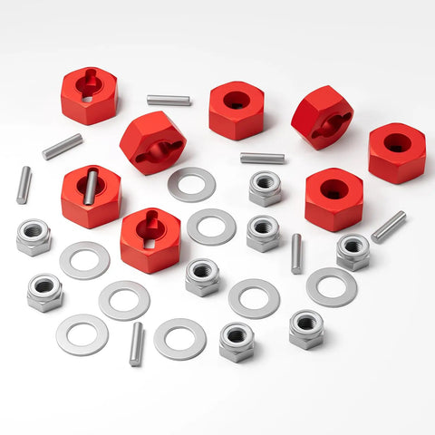 Red anodized aluminum 12mm hex wheel hubs with M4 flanged lock nuts and washers for Traxxas Slash 4x4 Stampede Rustler RC cars.