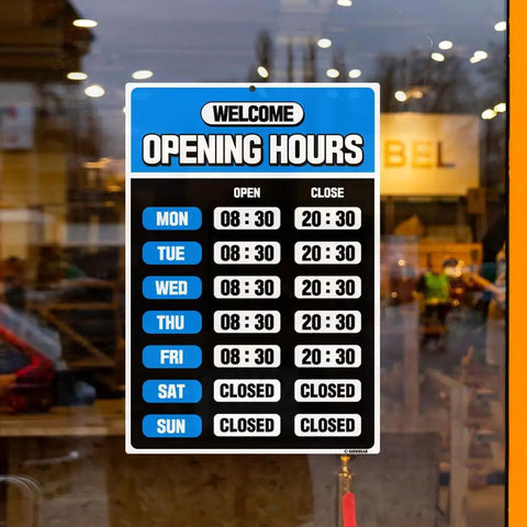 Blue PET Business Hours Sign Kit For Store Glass Door With Number Stickers And Double Sided Tape 7.9 By 11.9 Inches Easy Install