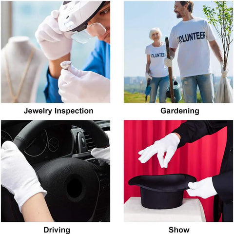 Various uses of Overnight White Cotton Gloves For Dry Hands And Eczema Care, including jewelry inspection, gardening, driving, and shows.