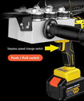 Close-up of Heavy Duty Electric Fish Tape Puller And Straight Shooting Wire Threader Tool, showing the stepless speed change switch and battery.