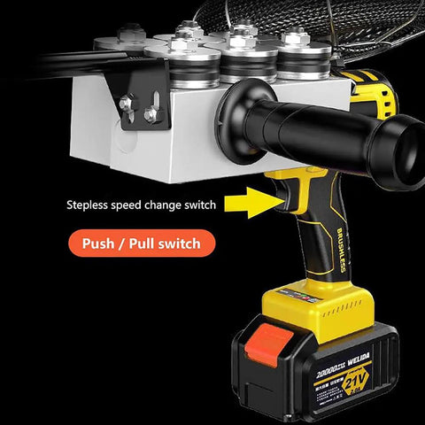 Close-up of Heavy Duty Electric Fish Tape Puller And Straight Shooting Wire Threader Tool, showing the stepless speed change switch and battery.