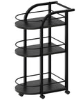 Black Three Tier Rolling Bar Cart Featuring Sturdy Safety Rails And Smooth Swivel Casters Crafted To Hold Your Goodies Squad Approved For Backyard Hangouts And Casual Kickbacks with three shelves and locking casters.