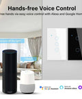 2 Gang Glass Panel WiFi Smart Light Switch With Touch Control shown with Alexa and Google Home for voice command features