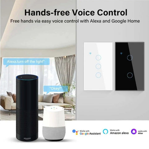 2 Gang Glass Panel WiFi Smart Light Switch With Touch Control shown with Alexa and Google Home for voice command features