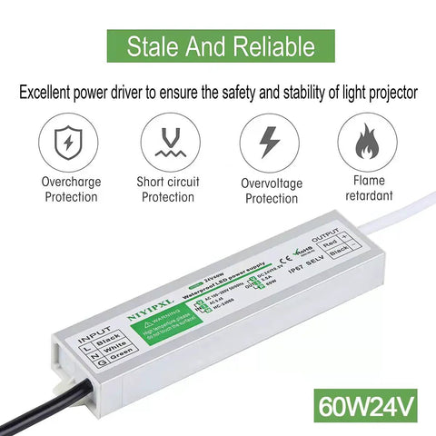 Rugged 60W Waterproof IP67 LED Driver Power Supply With 24V DC Output For LED Strip Lights