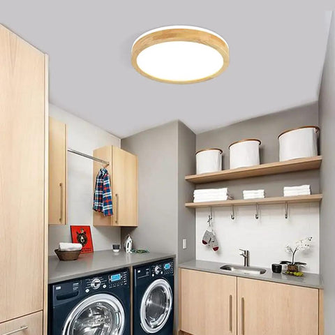 Modern LED Flush Mount Ceiling Light Fixture Circular Wood And Acrylic Close To Ceiling Lighting in a laundry room setting