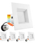 Square Recessed LED Can Lights With Five CCT Color Temperature Options 2700K 3000K 3500K 4000K 5000K Dimmable 750 Lumens CRI 90 Energy Star Wet Rated 4 Pack Great For Kitchens And Bathrooms showing product and color options.