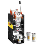 Heavy Duty Commercial Cup Sealer With Simple Dial Temp Control That Cranks Out 300 To 500 Cups An Hour And Locks Down 90 Mm And 95 Mm Paper And Pp Plastic Cups For No Stress Cafe Vibes, showing cups and sealing mechanism.