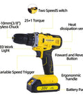 Workhorse 20V Cordless Drill Set With Brushless Motor And 3 8 Inch Keyless Chuck shows features like LED light, variable speed trigger.