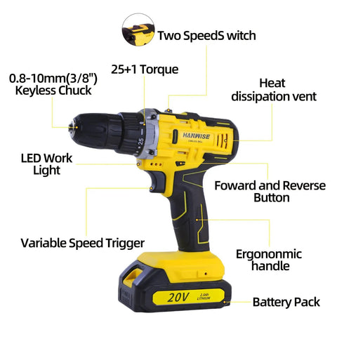 Workhorse 20V Cordless Drill Set With Brushless Motor And 3 8 Inch Keyless Chuck shows features like LED light, variable speed trigger.